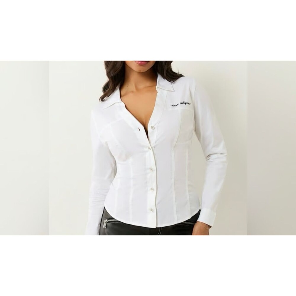 True Religion V‑Neck Poplin Shirt size XL Optic White women's Long Sleeve